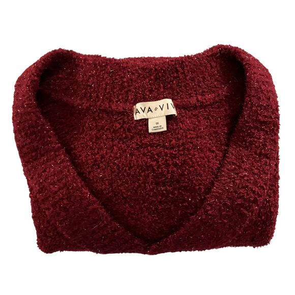 Ava & Viv Plus Size 1X Fuzzy Metallic Burgundy V Neck Sweater sparkles holiday - Picture 5 of 15